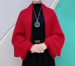 【レッド】ボレロ レディース ニット カーディガン 透かし編み 羽織り ショート丈 体型カバー おしゃれ 秋冬 コーデ ふんわり袖 きれいめ