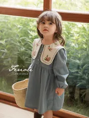 キッズ ワンピース 女の子 長袖 セーラー ワンピース フリル襟 フラワー刺繍 ワンピース 綿 ブルー セーラー 襟 Tシャツワンピース 春 秋 冬 カジュアル 襟付き mengdd01