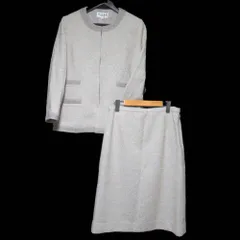 美品 HANAE MORI ハナエモリ ツイード ノーカラージャケット+スカート セットアップ サイズ42 ベージュ レディース 古着 中古 USED