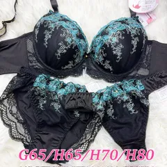 ブラジャーショーツ、Tバック 3点セット G65/H65/H70/H80  豪華刺繍 花柄 レース 脇高ブラ 高級感 大きいサイズ グラマーサイズ ブラック 黒 セクシー