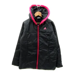 アディダス adidas 中綿ジャケット ミドル丈 フード付き 無地 ジップアップ ロゴ M 黒 ブラック /SY15