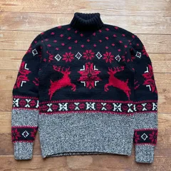 90's Polo by Ralph Lauren turtle neck knit. 古着　総柄　タートルネックニット　ポロバイラルフローレン　ブラック　黒　M トナカイ