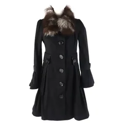 極美品△BURBERRY BLUE LABEL バーバリーブルーレーベル コットン100％ 裏地ノバチェック柄 ロゴボタン 襟フォックスファー付き トレンチコート ブラック 36 正規品 レディース オススメ◎