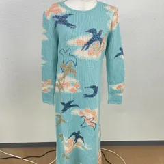 【美品】ハンドメイド ニットワンピース レトロ アート柄 鳥 スパンコール ロング丈 衣装 個性派 ブルー