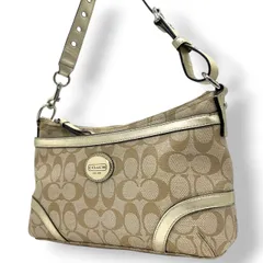 【美品】COACH コーチ シグネチャー 2WAY ショルダーバッグ F18879 ワンショルダー 斜め掛け可 PVC レザー ベージュ ゴールド レディース エレガント フェミニン 通勤 通学 デイリーユース 人気モデル クリーニング済み s64