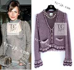 シャネル カーディガン CHANEL プラム パープル ピンク モヘア 柔らか ニット ストレッチ かぎ編 クロシェット 定番 超美品 38