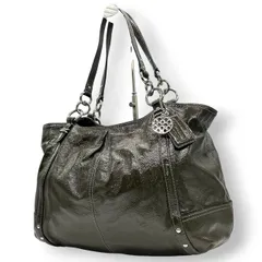 【COACH】コーチ ギャザー トートバッグ ワンショルダー F18231 大容量 A4収納可 パテントレザー エナメル グリーン カーキ系 チェーンハンドル レディース エレガント ビジネス 通勤通学 人気モデル クリーニング済み s86