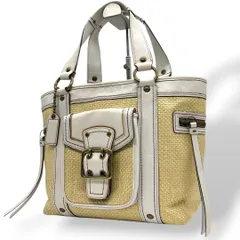 美品 コーチ ハンドバッグ 白 ハンプトンズ ストロー かごバッグ ワンショルダー 肩掛け可 トートバッグ ホワイト ベージュ ゴールド金具 ロゴタグ レザー 本革 COACH s44