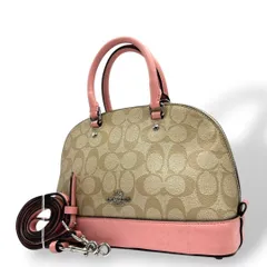 コーチ ハンドバッグ ピンク シグネチャー ミニシエラ 2way PVC s35 斜め掛け可 ショルダーバッグ トートバッグ ブラウン 茶 シルバー金具 レザー 本革 ロゴタグ COACH サッチェル