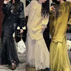 レイヤード風 チュール ワンピース レディース ロング丈 ニットワンピ ゆったり 体型カバー 秋冬 大人かわいい 韓国風 フェミニン カジュアル ブラック ホワイト カーキグリーン