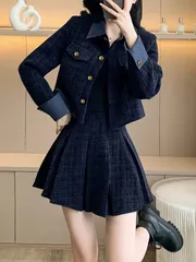 レディース セットアップ 秋冬 コート スカート 2点セット チェック柄 韓国風 フレンチ エレガント 通勤 デート XS〜XXL ネイビー 上下セット