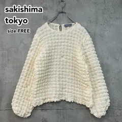 sakishima tokyo atmosphere トップス 長袖 アイボリー ポコポコ クロップド丈 ふっくら生地 ボリューム袖 スクエア格子状 シボ加工 キーネック バックスリット SA22305  ゆったりサイズ ★ ■■のサムネイル