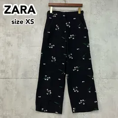 ZARA ザラ XS 100%コットン 花柄刺繍 ブラック ツイード調 クロップド丈 ワイドパンツ スカンツ スカーチョ ボトムス カジュアル フェミニン 春夏秋 ★ ■■