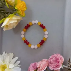 レッド×イエロー×ライトピンク ビーズブレスレット（16cm）／ハンドメイド・カラフル・ポップ