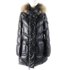 美品★BURBERRY BLUE LABEL バーバリーブルーレーベル FRF09-693-09 ラクーンファー・フード・ベルト付 裏地チェック柄 ダウンコート ブラック 40 正規品 レディース