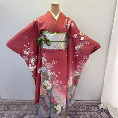 裄丈70 帯と着物の2点セット 正絹 振袖 グラデーション ラメ入り 