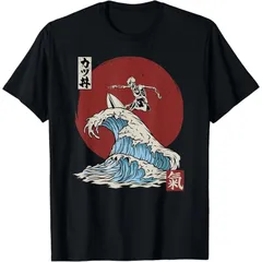 送料無料  100%コットン スケルトン サーフィン 神奈川沖浪裏 デザイン Tシャツ 赤い太陽 日本風 熱転写3Dプリント メンズ　レディース おもしろい 半袖 パロディ　Tシャツ