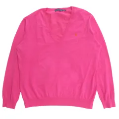 良品 RALPH LAUREN ラルフローレン ニット セーター カットソー 長袖 ロゴ 刺繍 Vネック サイズXL ピンク メンズ 古着 中古 USED
