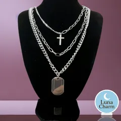 3連 ネックレス クロス プレート チェーン ユニセックス アクセサリー 男女兼用 ロング シルバー