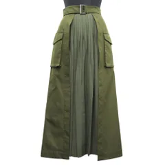 美品 CLANE クラネ ミリタリー プリーツ ドッキング ロング スカート ベルテッド サイズ0 カーキ レディース 古着 中古 USED