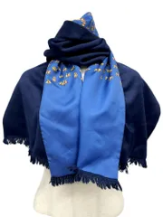 HERMES (エルメス) 無地×ホース総柄 アンゴラ シルク ストール マフラー フランス製 全長146cm ネイビー×ブルー レディース/028