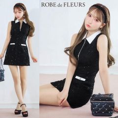 an / アン】ビジュー フロントジッパー プリーツ ミニキャバドレス