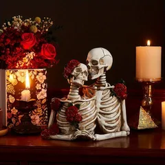 ローズスカルカップルオブジェ 置物 骸骨 ホワイト ハロウィン ハロウィーン インテリア 装飾 デコレーション ガイコツ スプーキー オブジェ ハグ キス 卓上 フィギュア パンク ロック