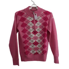 【美品】adidas(アディダス) ハーフジップニットシャツ ピンクアーガイル柄 レディース S/P ゴルフウェア 2511-0530 中古