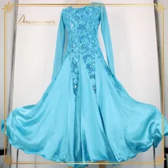 社交ダンス 衣装 スタンダード ドレス ワンピース パーティ衣装 水色 ライトブルー系 prima boutique プリマブティック レース 光沢 ボリューム 二重スカート おしゃれ フォーマル 体型カバー ダンス用 コスチューム 伸縮性 レディース