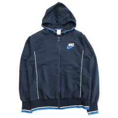 美品 NIKE ナイキ スポーツウェア ジップアップ ブルゾン パーカー ジャージ ロゴ ライン フード サイズL 紺 ネイビー レディース 古着 中古 USED