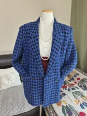 洗練されたユニーク ブルー ハウンドトゥースチェック ルーズフィット ウールジャケット