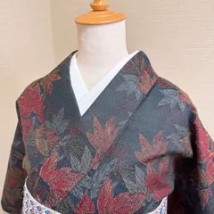 き763】小紋 紅葉柄 織り生地 単衣 着物　深紺×赤茶ゴールド　レトロ上品 単衣 アンティーク リメイク素材にも