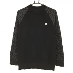 【新品】パーリーゲイツ セーター 黒 袖レオパード ウール混 胸ロゴ ニット メンズ 5(L) ゴルフウェア PEARLY GATES