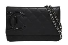 極美品 CHANEL シャネル カンボンライン チェーンショルダーウォレット 16番台 ココマーク カーフスキン パテントレザー ブラック 中古 4b010063