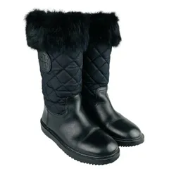 美品★TORY BURCH・トリーバーチ レディース レザー切替し ブランドアイコンワッペン ファー付き ムートンブーツ(6.5M/23.5㎝)レディースブーツ ブランド ミドル丈ブーツ 冬物 カジュアル ブラック