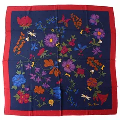 WK25585 極美品 NINA RICCI ニナリッチ スカーフ 大判 総柄 フラワー柄 花柄 ネイビー×レッド×マルチカラー 紺×赤