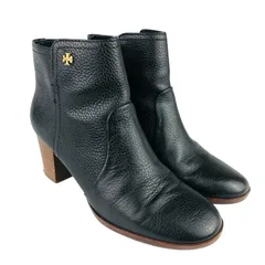 美品★TORY BURCH・トリーバーチ レディース シボレザー メタルブランドアイコンダブルT付き チャンキーヒール ショートブーツ(7M/24㎝)レディースブーツ ブランド ブーティ 冬物 カジュアル ブラック