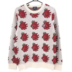 【新品】パーリーゲイツ セーター ベージュ系×レッド 総柄 ウール100％ ニット メンズ 5(M) ゴルフウェア PEARLY GATES