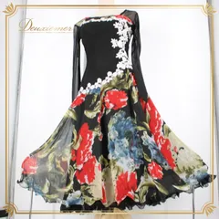 社交ダンス 衣装 スタンダード ドレス ワンピース パーティ衣装 Leirena レイリーナ 黒 赤 白 青 緑 ブラック系 ホワイト系 レッド系 フラワー柄 エレガント 柔らかい 伸縮性 ボリューム感 ハイウエスト レディース ドレスアップ 演出