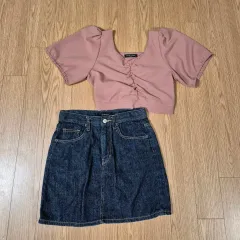 インディーピンク クロップド ブラウス+インディゴデニム スカート s セット