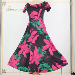 フラダンス 衣装 ワンピース ドレス ブラック系 エムエムジェイ ハワイアンプリント アロハ レッスン 練習 フラ ダンス MMJ 半袖 華やか 鮮やか 上品 大人っぽい かわいい おしゃれ ピンク系 グリーン系 黒 ピンク 緑 フラダンスドレス 薄手 ウェア