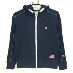 【美品】チャンピオン ニットジップパーカー 杢ネイビー 国旗ワッペン 裏微起毛  レディース MEDIUM ゴルフウェア Champion