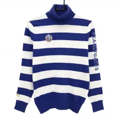 パーリーゲイツ タートルネックセーター 白×ブルー ボーダー 袖ロゴ ニット レディース 1(M) ゴルフウェア PEARLY GATES