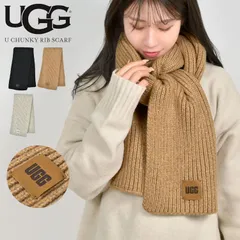 UGG マフラー レディース アグ ブランド リブニットマフラー 厚手 暖かい ウール混 ナイロン おしゃれ かわいい シンプル ロゴ リブ編み チャンキー ニットマフラー スカーフ 洗える ブラック ホワイト グレー