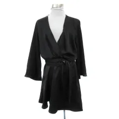 ザラ ZARA オールインワン コンビネゾン 長袖 カシュクール バックシャン ショートパンツ 短パン サテン M 黒 ブラック /YS27