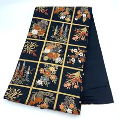 ✨美品✨　袋帯 黒地 金糸 四季花文様 格子柄