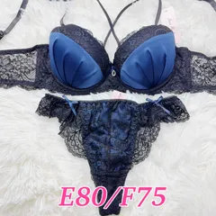 ブラショーツセット ブラジャーTバックセット E80/F75  マットサテン ネイビー  大きいサイズ グラマーサイズ 育乳 脇高 バックレース バック透け クロスコード セクシー 上品