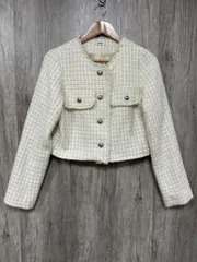 NICE CLAUP ナイスクラップ ツイード ボタン アクセント ノーカラー ジャケット sizeF/白 ◆■ レディース