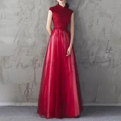 新品未使用パーティードレス 結婚式 パーティードレス イブニングドレス ロングドレス レッド レース シック 韓国風 発表会 卒業会 二次会 