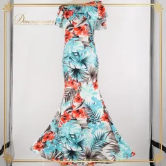 フラダンス 衣装 ワンピース ドレス ホワイト系 ハワイアンプリント アロハ レッスン 練習 フラ ダンス ハワイアン マーメイドドレス オフショル 2way カラフル 華やか 鮮やか 上品 おしゃれ フリル 大人っぽい ブラック系 レッド系 ブルー系 白 黒